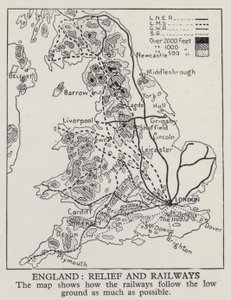 Mapa pokazująca, jak linie kolejowe w Anglii podążają za niskim terenem tak często, jak to możliwe (zdjęcie czarno-białe) autorstwa English Photographer