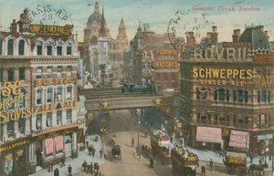 Pocztówka Ludgate Circus, Londyn, wysłana w 1913 r. (zdjęcie ręcznie kolorowane) autorstwa English Photographer