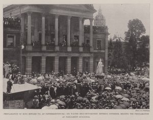 Proklamacja króla Edwarda VII w Pietermaritzburgu, sir Walter Hely-Hutchinson, ustępujący gubernator, czytając proklamację w budynkach parlamentu autorstwa English Photographer