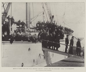 Powrót wojsk z kampanii Indian Frontier, lądowanie ze statku parowego Nubia w Southampton autorstwa English Photographer