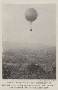 Obchody stulecia pierwszego lotu balonem w Bath, 8 września, balon wznoszący się nad miastem autorstwa English Photographer