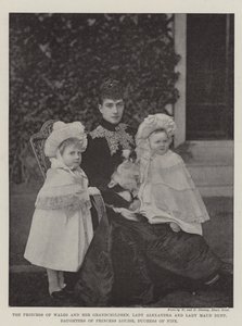 Księżniczka Walii i jej wnuki, Lady Aleksandria i Lady Maud Duff, córki księżniczki Louise, księżnej Fife autorstwa English Photographer