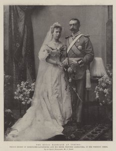 Królewskie Małżeństwo w Coburgu, książę Ernest z Hohenlohe-Langenburg i jego narzeczona, księżniczka Aleksandra, w sukni ślubnej autorstwa English Photographer