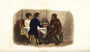 XVIII-wieczna holenderska para pijąca wino z orangutanem borneańskim przy stole jadalnym autorstwa English School