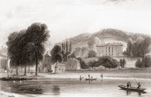 Widok z XIX wieku na Beaumont Lodge, Old Windsor, Berkshire, Anglia. Sprzedany w 1854 Towarzystwu Jezusowemu i przemianowany na Beaumont College, jezuicką szkołę publiczną. Z galerii portretów i pejzaży Churtona, opublikowanej w 1836 r. autorstwa English School
