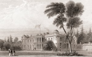 Widok z XIX wieku na Goodwood House, West Sussex, południowa Anglia. Z galerii portretów i krajobrazów Churtona, opublikowanej w 1836 r. autorstwa English School