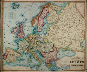 Kolorowa mapa Europy z XIX wieku, opracowana do użytku w kolegiach i szkołach. autorstwa English School