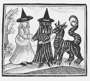 Czarno-biała wiedźma ze zwierzęciem diabła, ilustracja ze zbioru książeczek o tematyce ezoterycznej autorstwa English School