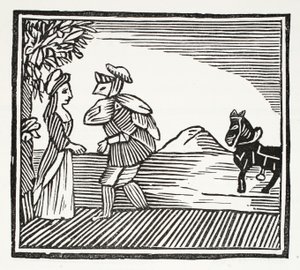 Dżentelmen idący na konsultację z Mother Bunch, ilustracja z książki Chap-books of the Eighteenth Century Johna Ashtona, wyd. 1882 autorstwa English School