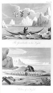 Grenlandczyk i jego kajak, z Historii Grenlandii autorstwa Davida Crantza, 1820 autorstwa English School