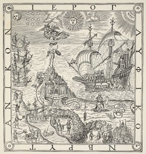 Hieroglif Wielkiej Brytanii, frontyspis do ogólnych i rzadkich pomników dotyczących doskonałej sztuki nawigacji autorstwa Johna Dee (1527-1609), 1577 autorstwa English School