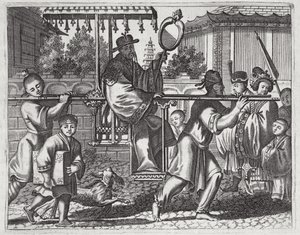 Mandaryn w fotelu sedan, ilustracja z opisu ambasad w Chinach, 1690 autorstwa English School