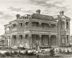 Dom na przedmieściach Melbourne, ok. 1880, z "Australian Pictures" Howarda Willoughby