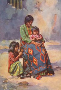 Indianin Navajo z dziećmi (kolorowa litografia) autorstwa English School