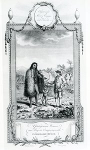 Patagońska kobieta i chłopiec w towarzystwie komandora Byrona, ilustracja zaczerpnięta z Moores Voyages and Travels, 1778 autorstwa English School