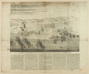 Szkic perspektywiczny miasta, portu i fortów Kartageny z 1739 r., opublikowany 1741 r. (rycina liniowa) autorstwa English School