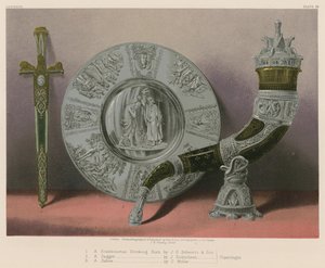 Skandynawski róg do picia J G Schwartz and Son, Sztylet J. Didrichsena, Salver C Mollera, Kopenhaga autorstwa English School