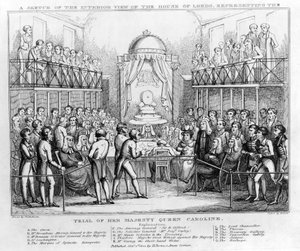 Szkic wnętrza Izby Lordów przedstawiający proces Jej Królewskiej Mości Królowej Karoliny, wyd. 1820 (czarno-biały grawer) autorstwa English School