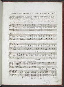 „Pieśń tubylców Nowej Południowej Walii”, z „Muzyczne ciekawostki; lub wybór najbardziej charakterystycznych pieśni i pieśni narodowych…”, Edward Jones 1811 (lito) autorstwa English School