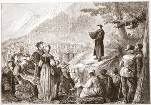 Szwajcarski reformator głoszący kazania do swojej trzody na otwartym polu, ilustracja z Historii protestantyzmu Jamesa Aitkena Wylie (1808-1890), wyd. 1878 autorstwa English School