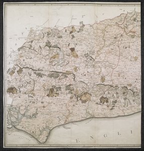 Mapa topograficzna hrabstwa Sussex z podziałem na gwałty, dziekanaty i setki. Planowane od rzeczywistego badania w skali od jednego cala do mili statutowej autorstwa English School