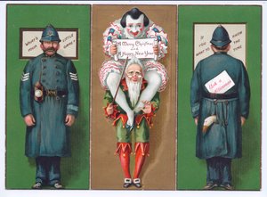 Wiktoriańska kartka bożonarodzeniowa z błaznem, klaunem i policjantem, ok.1880 autorstwa English School