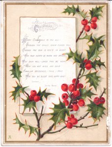 Wiktoriańska kartka bożonarodzeniowa z dużym sprayem ostrokrzewu i wersetem, ok. 1880 r. autorstwa English School