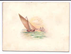 Wiktoriańska kartka noworoczna z jachtami pływającymi w świetle księżyca, ok. 1895 r. autorstwa English School