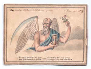 Wiktoriańska kartka z życzeniami ponurego żniwiarza z kosą i klepsydrą trzymającą różę, ok. 1815 (kolor lito) autorstwa English School