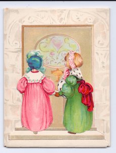 Wiktoriańska kartka z życzeniami dwójki dzieci w czepkach, które mają wejść do drzwi wejściowych, ok. 1880 r. (kolor lito) autorstwa English School
