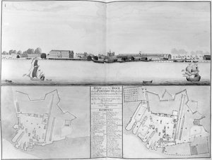 Widok stoczni Jego Królewskiej Mości w Portsmouth zaczerpnięty z przeciwległego New Dock, 1698 autorstwa English School