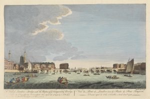 Widok na most londyński z ruinami mostu tymczasowego po pożarze z 11 kwietnia 1758 (kolorowy grawerunek) autorstwa English School
