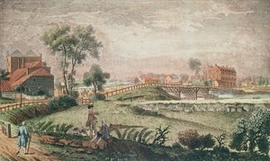 Widok z zachodu na most Chelsea, 1761 (kolor grawerowany) autorstwa English School
