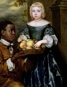 Sługa ofiarowała młodej dziewczynie kosz owoców, ok. 1650 r autorstwa English School