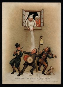 Para sprzeciwiająca się śpiewakom kolęd za oknem, kartka z życzeniami bożonarodzeniowymi (chromolitho) autorstwa English School