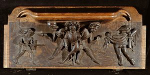 Uszkodzony mizerykorda przedstawiająca trzech mężczyzn walczących sztyletami i mieczami, New College Chapel, Oxford, koniec XIV wieku (drewno)