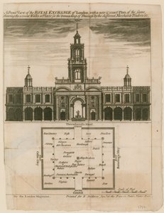 Widok z przodu na Royal Exchange of London z nowym i dokładnym planem tego samego autorstwa English School