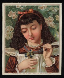 Dziewczyna karmiąca sikorę modra, kartkę z życzeniami bożonarodzeniowymi. (chromolit) autorstwa English School