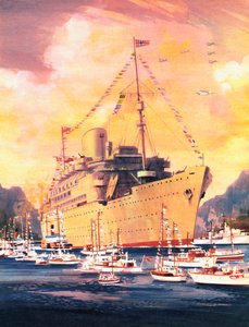 Wielki moment w historii Royal Mail Line, Andes przybywa do Oslo w 1945 roku (litografia kolorowa) autorstwa English School