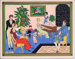 Ręcznie kolorowana francuska kartka bożonarodzeniowa Pochoir z przyjęcia bożonarodzeniowego rodziny Regency, z tańcem i muzyką, ok. 1920 r. autorstwa English School