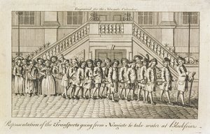 Linia zakutych w łańcuchy skazańców z więzienia Newgate, Old Bailey, zabranych do Blackfriars w celu transportu, ok. 1760 r. autorstwa English School