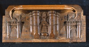 Mizerykorda przedstawiająca konia Sir Yvainsa uwięzionego podczas opuszczania kraty skomplikowanego wejścia do zamku, New College Chapel, Oksford, koniec XIV wieku (drewno)