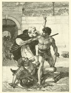 Mnich Telemach próbujący powstrzymać igrzyska gladiatorów w Koloseum w Rzymie (rycina) autorstwa English School