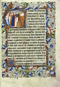 Strona z psałterza po łacinie z historycznym inicjałem przedstawiającym grupę mnichów stojących przed śpiewającą mównicą, ok. 1455 autorstwa English School
