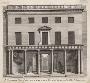 Widok perspektywiczny giełdy czynników kukurydzianych, wzniesionej w Mark Lane 1751 autorstwa English School