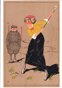 Rycina przedstawiająca dwóch golfistów w komicznych i humorystycznych pozach, ok. 1920 autorstwa English School