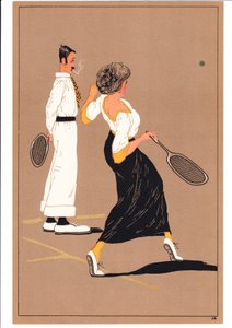 Odbitka przedstawiająca dwóch tenisistów w komicznych i humorystycznych pozach, ok. 1920 r. (kolorowa litografia) autorstwa English School