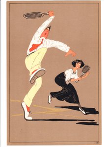 Ein Druck von zwei Tennisspielern in komischen und humorvollen Posen, ca. 1920