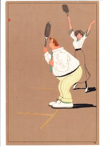 Rycina przedstawiająca dwóch tenisistów w humorystycznych i komicznych pozach, ok. 1920 autorstwa English School