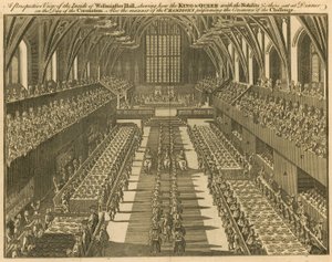 Perspektywa wnętrza Westminster Hall pokazująca, jak król i królowa, wraz ze szlachtą i innymi, zasiadali do kolacji w dniu koronacji autorstwa English School